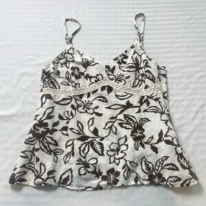 Bass Floral Linen Blend Cami Tank Top Brown Cream Boho Cottagecore Medium